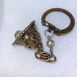 Antique Brass Key Chain Jeweled Bell with Pearl Bead